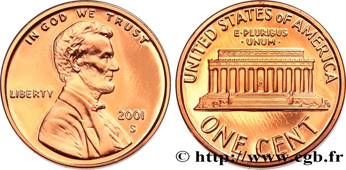 UNITED STATES OF AMERICA 1 Cent Proof Lincoln  2001 San Francisco MS 