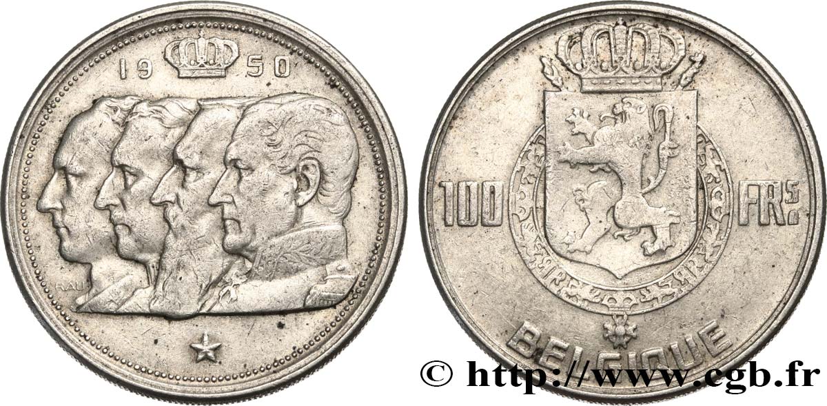 BELGIQUE 100 Francs portraits des quatre rois de Belgique, légende française 1950  TTB 