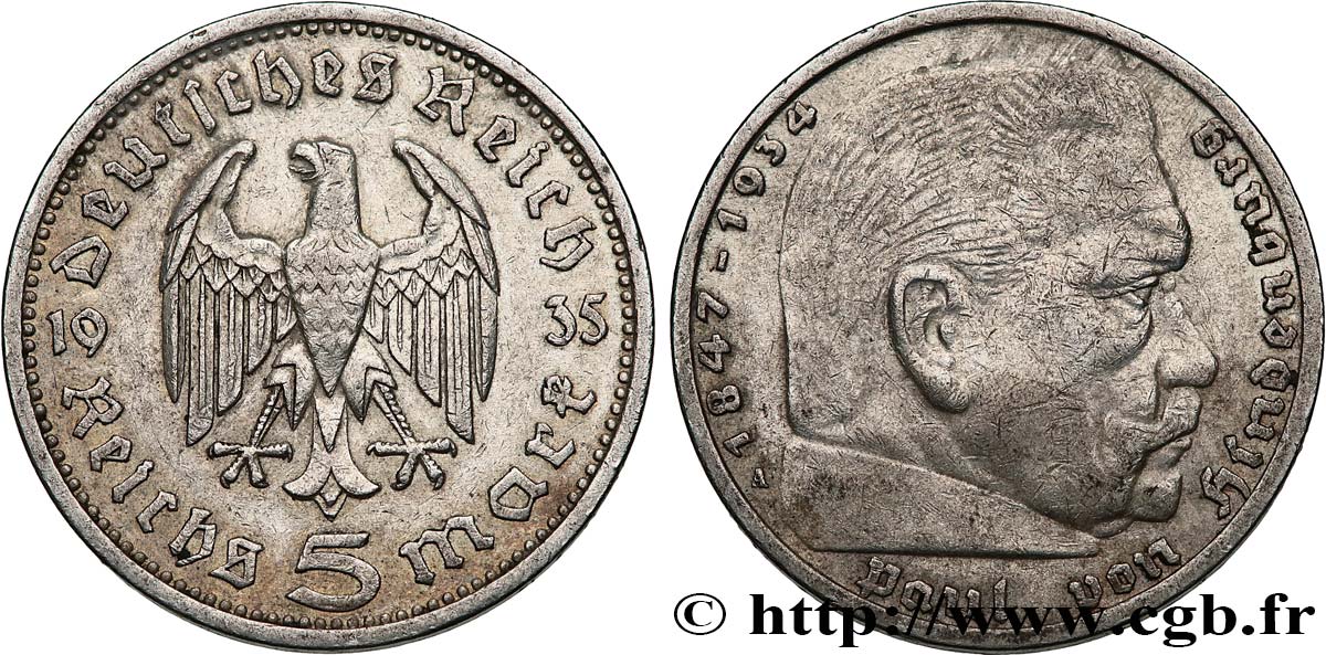 DEUTSCHLAND 5 Reichsmark Maréchal Paul von Hindenburg 1935 Berlin SS 