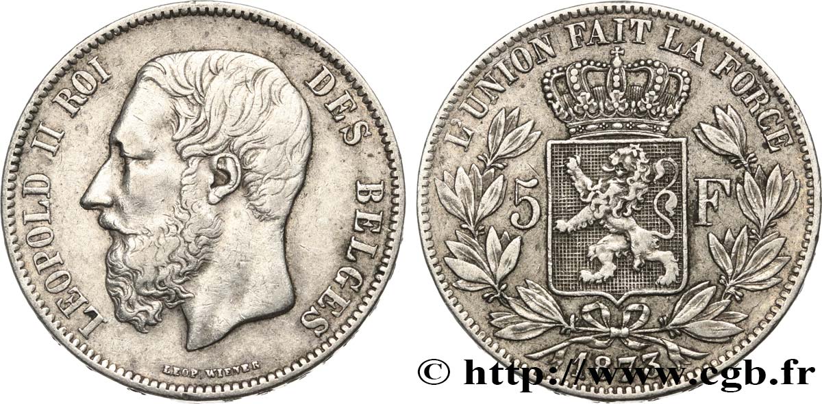 BELGIQUE 5 Francs Léopold II 1873  TTB 