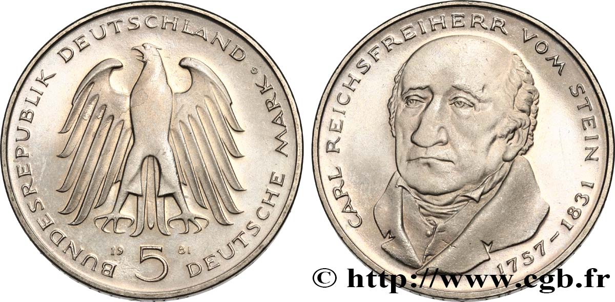 GERMANIA 5 Mark le baron Heinrich Friedrich Karl vom und zum Stein  1981 Karlsruhe MS 