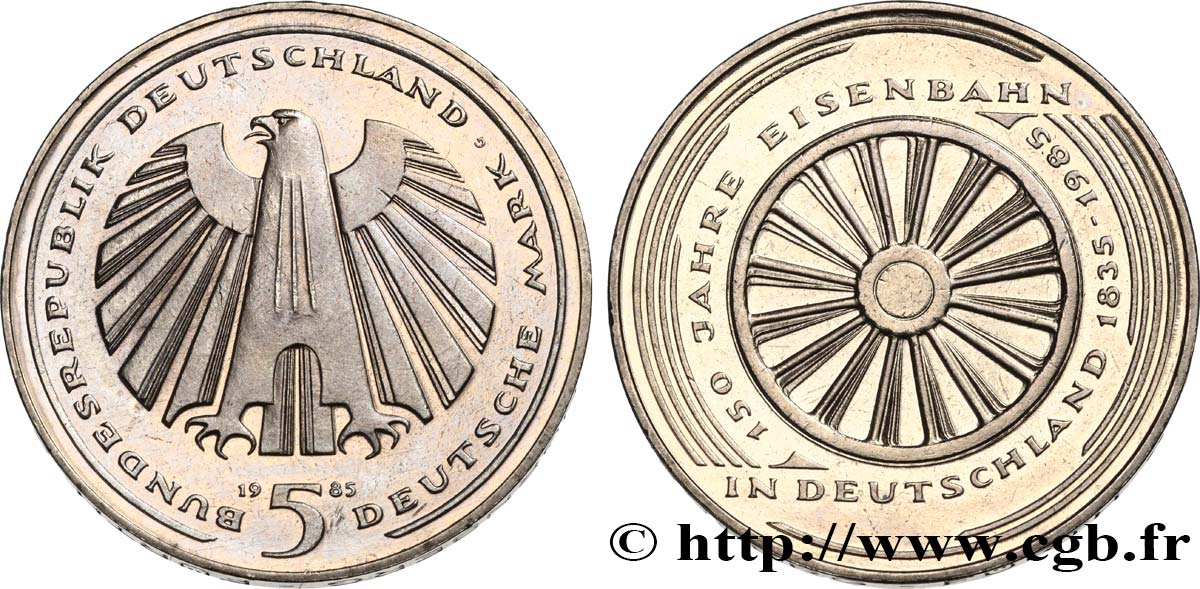 DEUTSCHLAND 5 Mark Proof 150e anniversaire des chemins de fer allemands 1985 Karlsruhe fST 