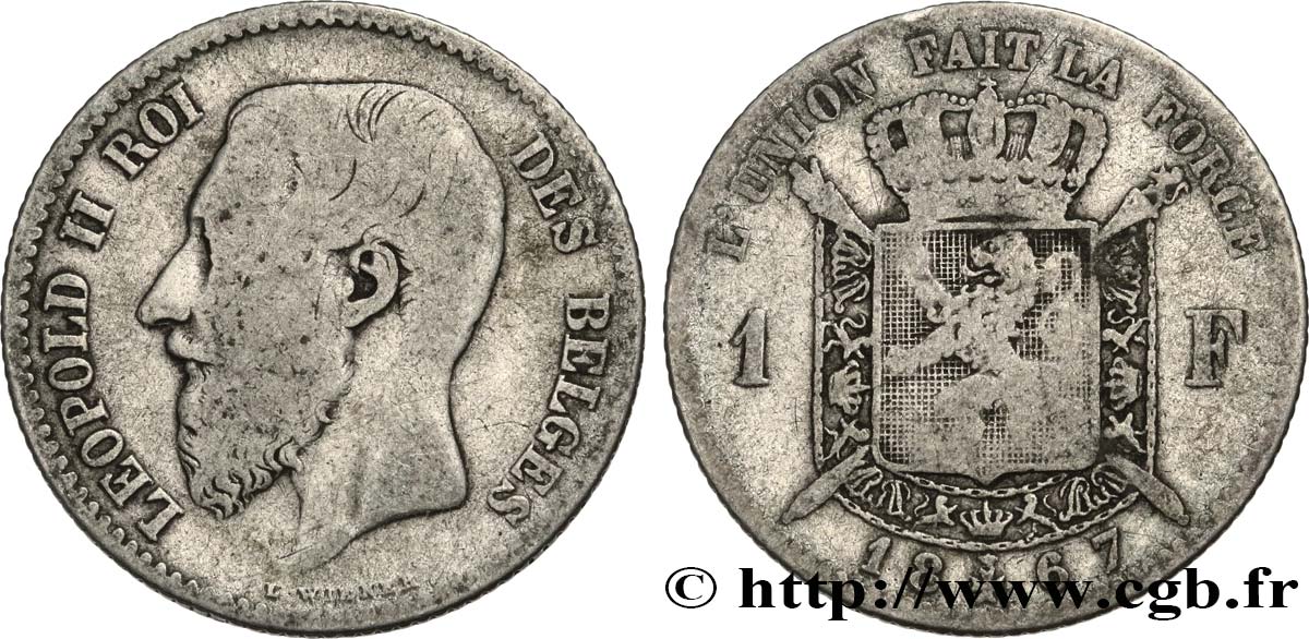 BELGIQUE 1 Franc Léopold II légende française 1867  TB 
