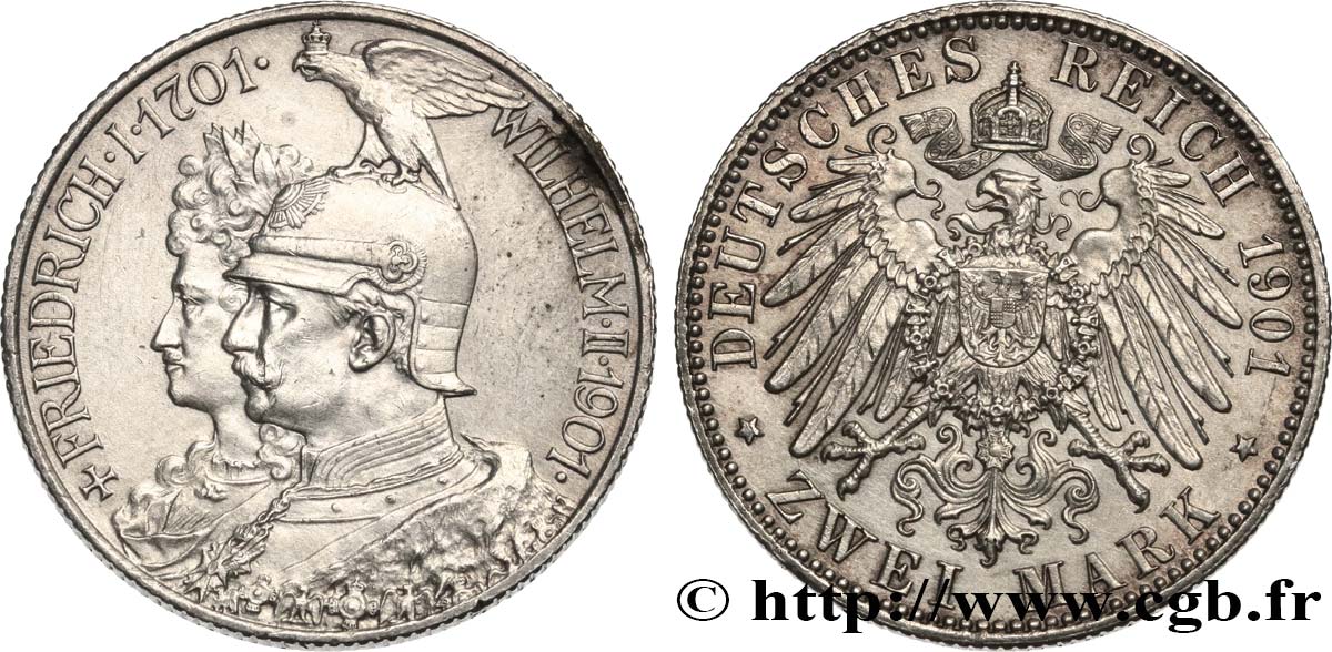 ALLEMAGNE - PRUSSE 2 Mark Guillaume II 200e anniversaire de la Prusse 1901 Berlin SUP 