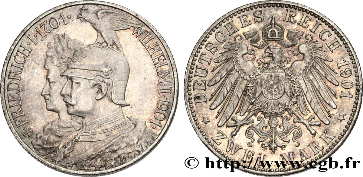 ALLEMAGNE - PRUSSE 2 Mark Guillaume II 200e anniversaire de la Prusse 1901 Berlin SUP 