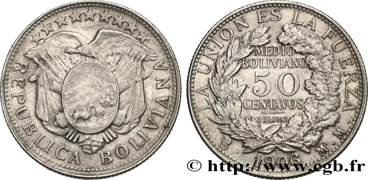 BOLIVIA 50 Centavos (1/2 Boliviano) 1906 Potosi MBC/EBC 