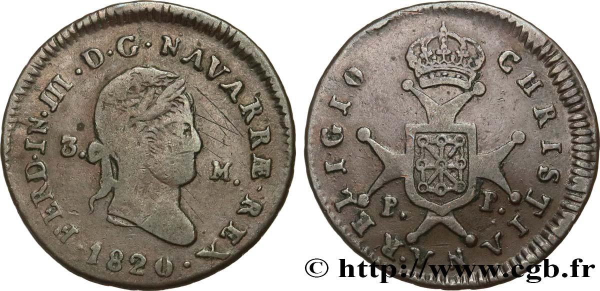 ESPAGNE - NAVARRE 3 Maravedis Ferdinand III 1820 Pampelune TB+ 