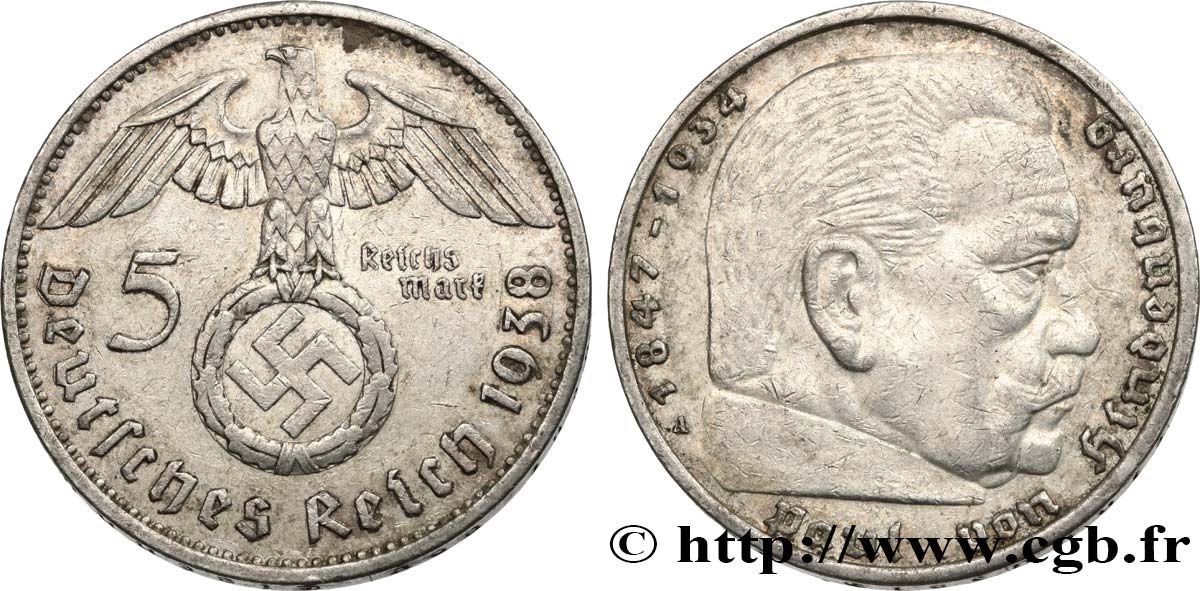 ALLEMAGNE 5 Reichsmark Maréchal Paul von Hindenburg 1938 Berlin TTB 