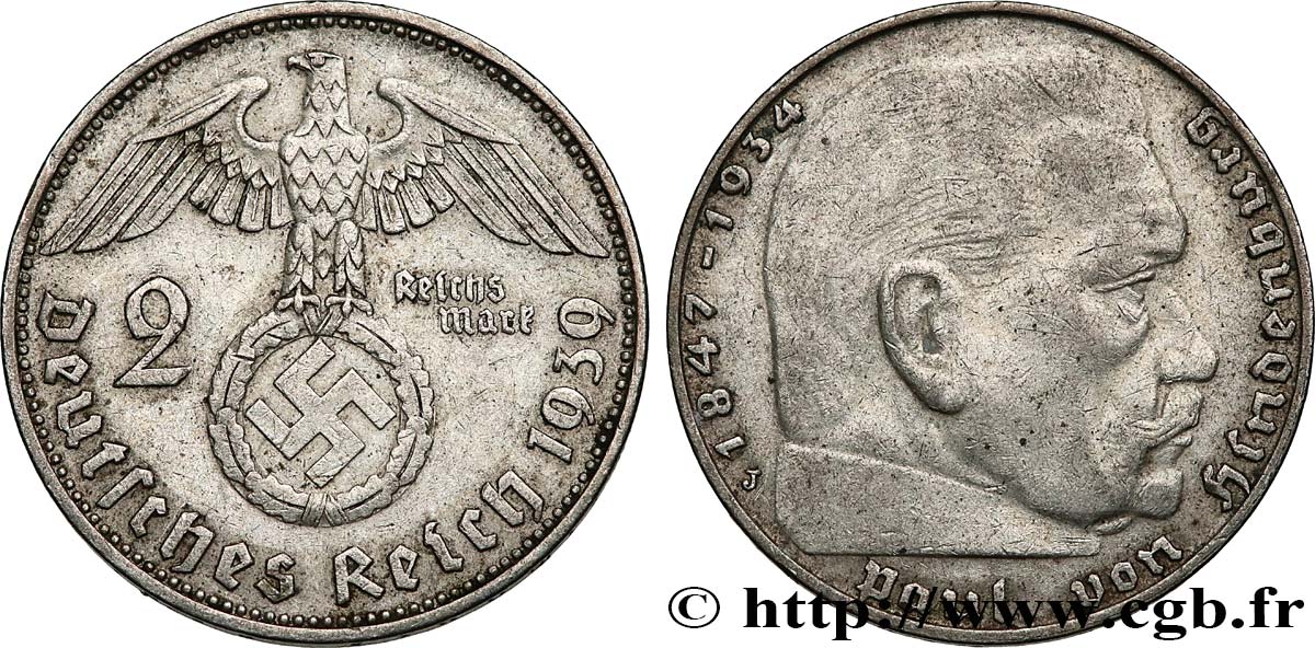 DEUTSCHLAND 2 Reichsmark swastika Maréchal Paul von Hindenburg 1939 Hambourg SS 