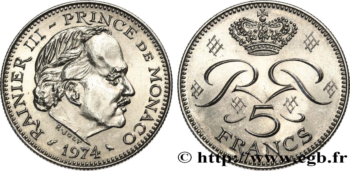 MONACO 5 Francs Rainier III 1974 Paris AU 