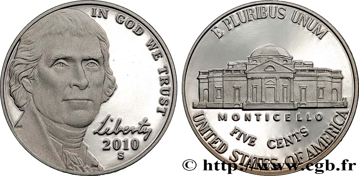 VEREINIGTE STAATEN VON AMERIKA 5 Cents président Thomas Jefferson d’après Rembrandt Peale - Proof 2010 San Francisco fST 