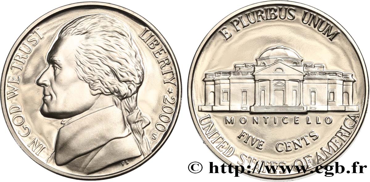 VEREINIGTE STAATEN VON AMERIKA 5 Cents Proof président Thomas Jefferson 2000 San Francisco - S ST 