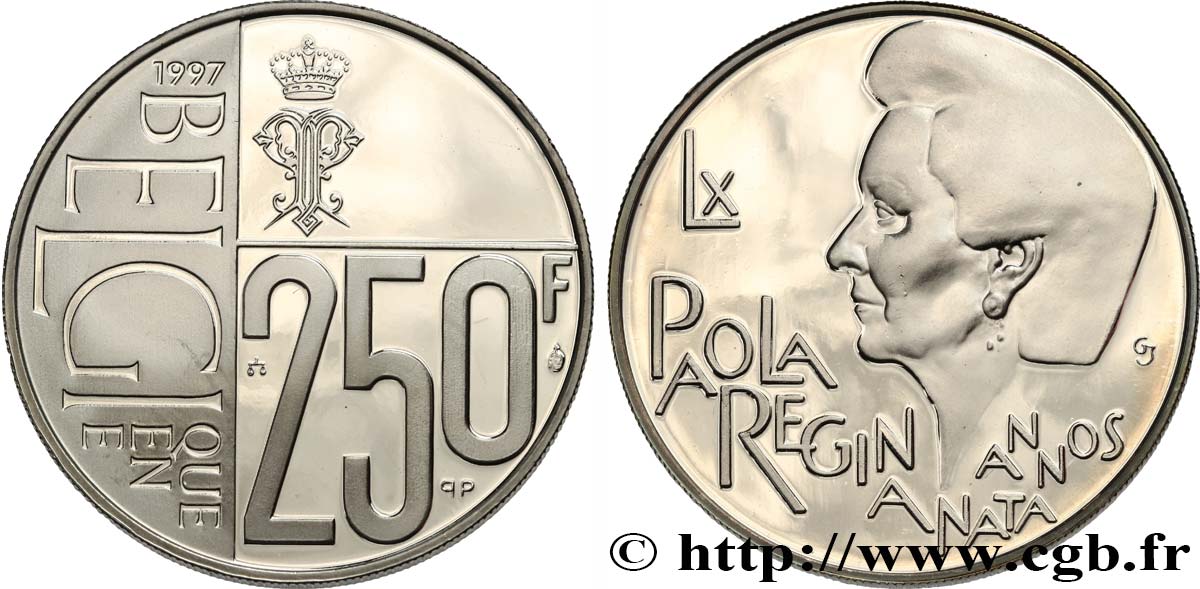 BELGIUM 250 Francs Proof 60e Anniversaire de la Reine Paola 1997 Bruxelles MS ANACS