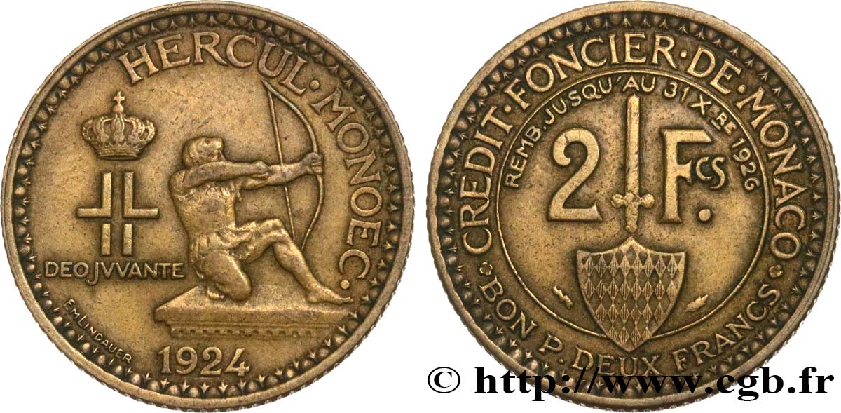 MONACO 2 Francs émission du Crédit Foncier de Monaco 1924 Poissy MBC 