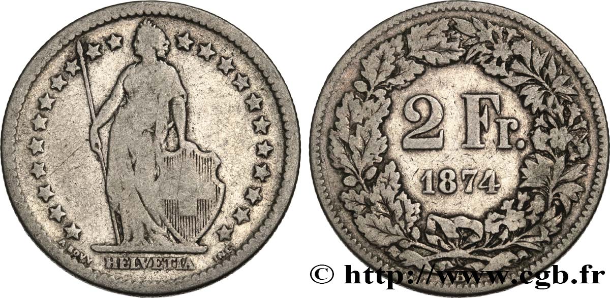 SWITZERLAND 2 Francs Helvetia 1874 Berne VF 