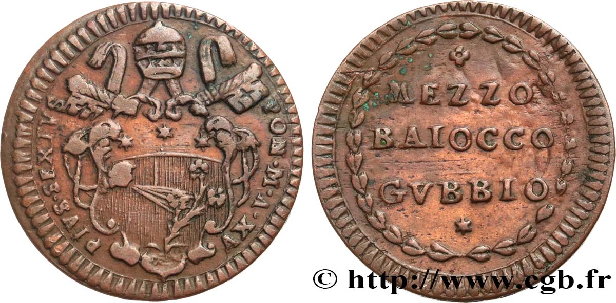 VATICAN AND PAPAL STATES 1/2 Baiocco ville de Gubbio Pie VI an XVI 1790 Rome XF 