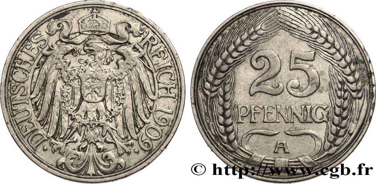 GERMANY 25 Pfennig Empire aigle impérial 1909 Berlin AU 