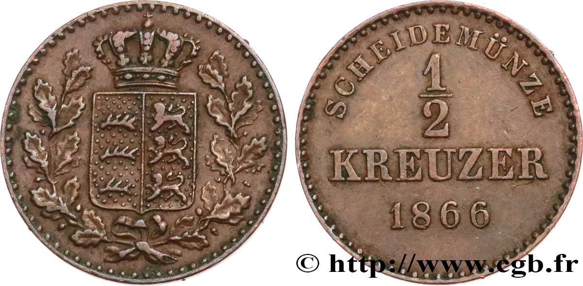 GERMANIA - WÜRTEMBERG 1/2 Kreuzer Royaume du Würtemberg 1866 Stuttgart SPL 