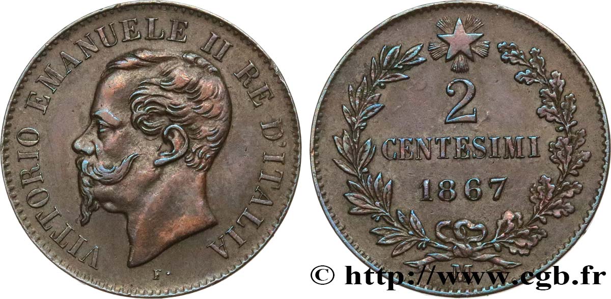 ITALIE 2 Centesimi Victor Emmanuel II 1867 Milan - M TTB+ 