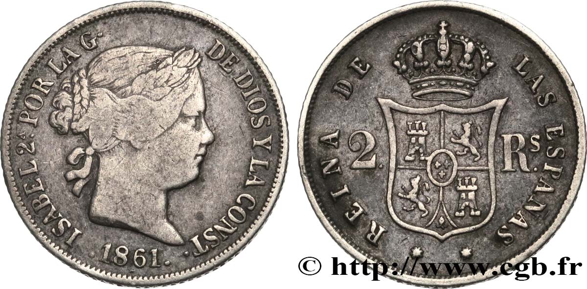 SPAIN 2 Reales Isabelle II  1860 Barcelone VF 