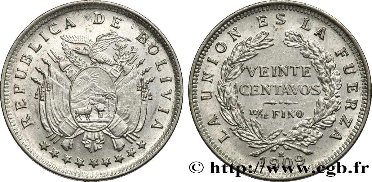BOLIVIA 20 Centavos 1909 Heaton SC 