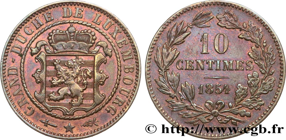LUXEMBURG 10 Centimes écu couronné 1854 Utrecht VZ 