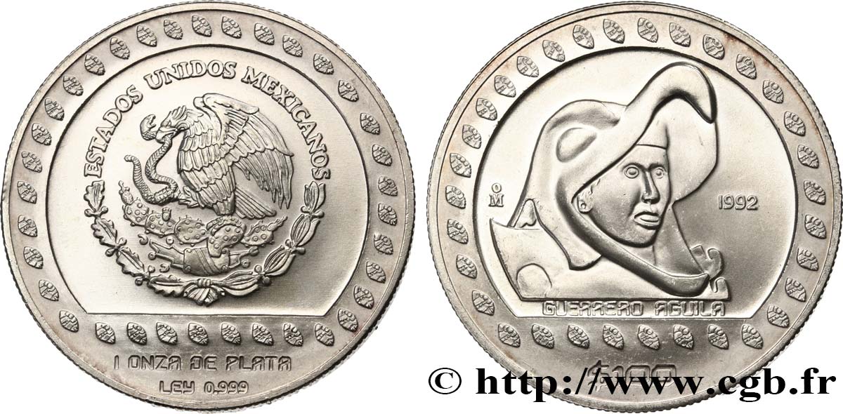 MEXIKO 100 Proof Pesos guerrier aztèque à tête d’aigle 1992 Mexico VZ 