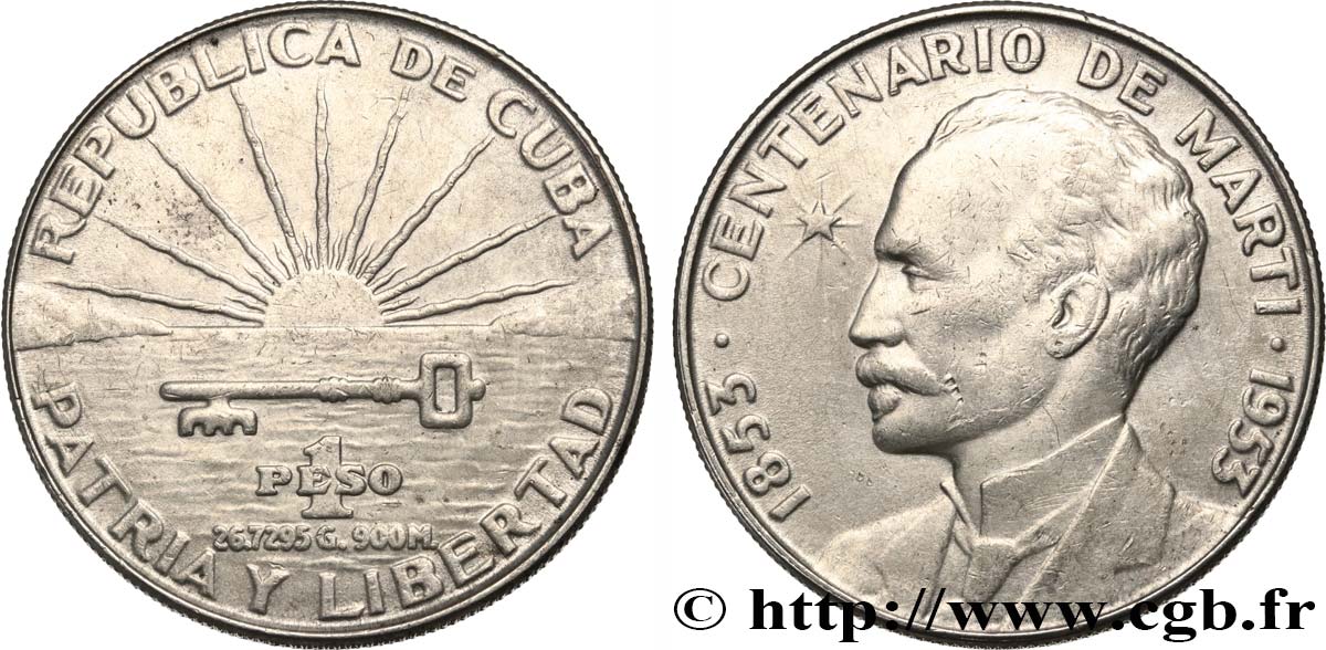 KUBA 1 Peso centenaire de José Marti 1953   
