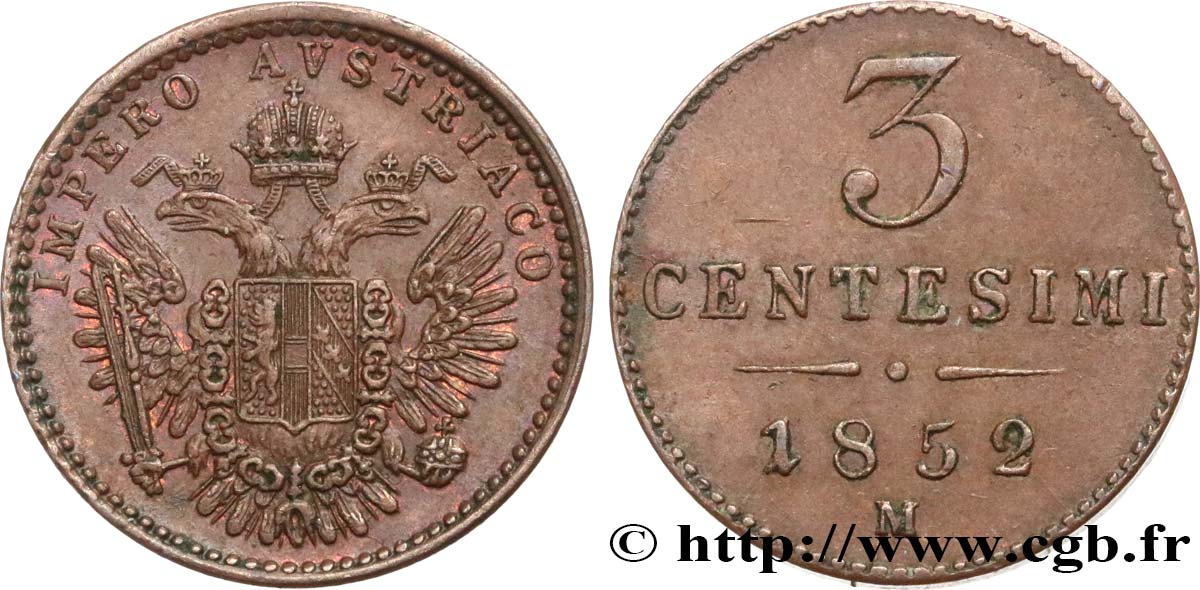 ITALIA - LOMBARDIA-VENECIA 3 Centesimi 1852 Milan - M EBC 