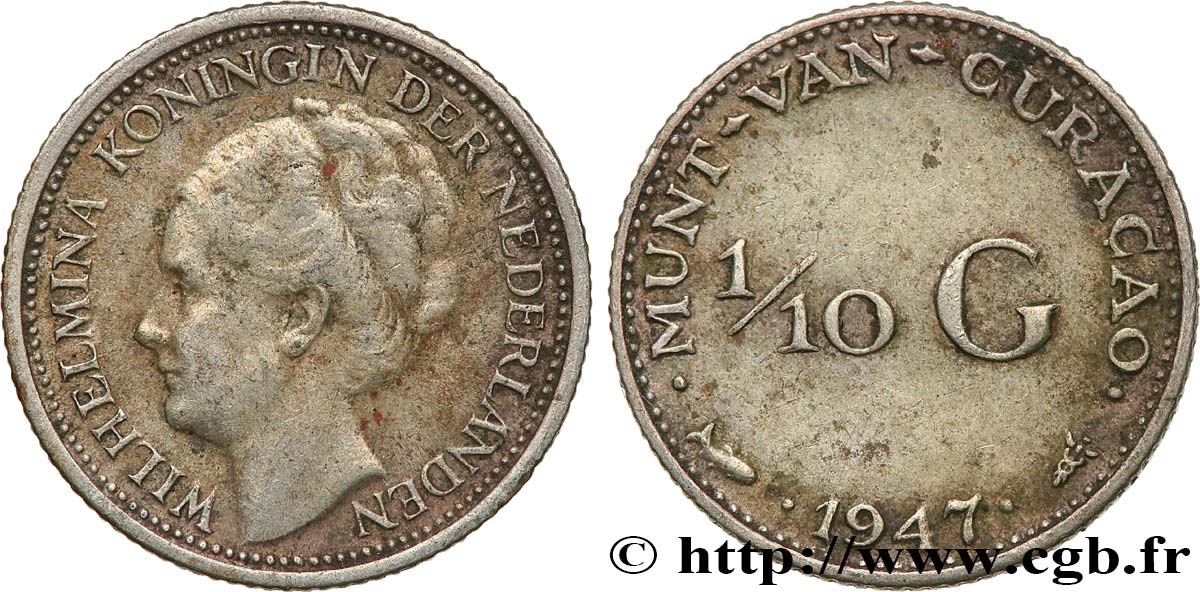 CURAçAO 1/10 Gulden reine Wilhelmina 1947 Utrecht SS 