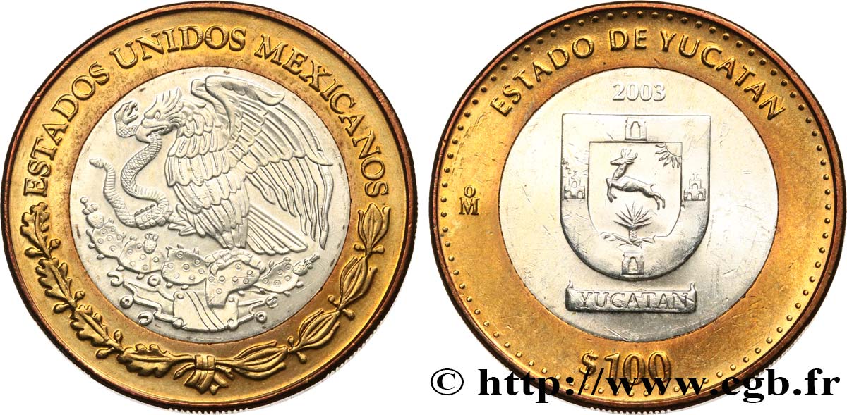 MÉXICO 100 Pesos 180e anniversaire de la Fédération : État du Yucatán 2003 Mexico SC 