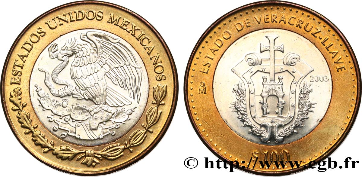 MEXIKO 100 Pesos 180e anniversaire de la Fédération : État de Veracruz-Llave 2003 Mexico fST 