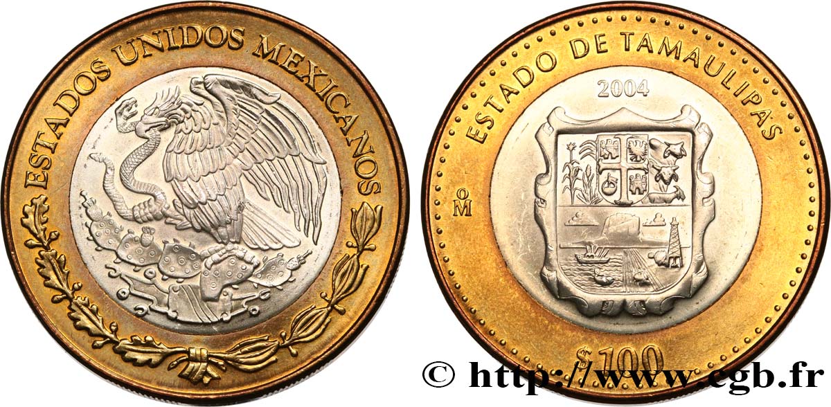 MEXIQUE 100 Pesos 180e anniversaire de la Fédération : État de Tamaulipas 2004 Mexico SPL 