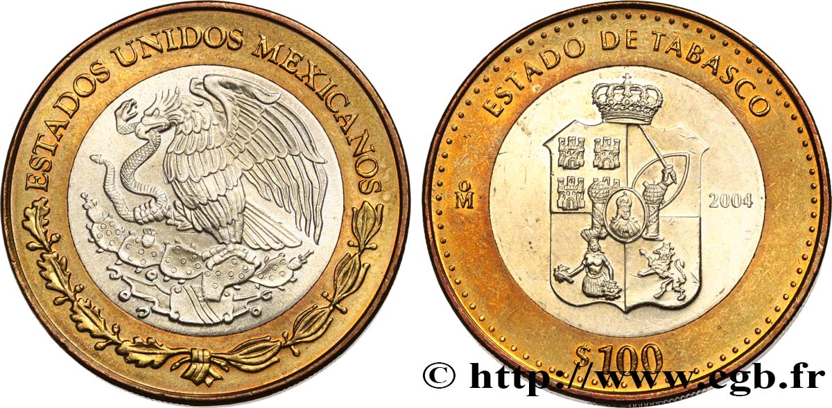 MESSICO 100 Pesos 180e anniversaire de la Fédération : État de Tabasco 2004 Mexico MS 