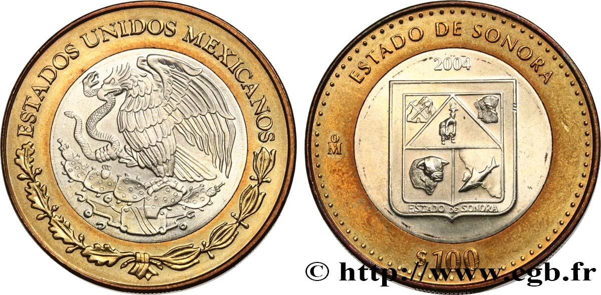 MEXIQUE 100 Pesos 180e anniversaire de la Fédération : État de Sonora 2004 Mexico SPL 