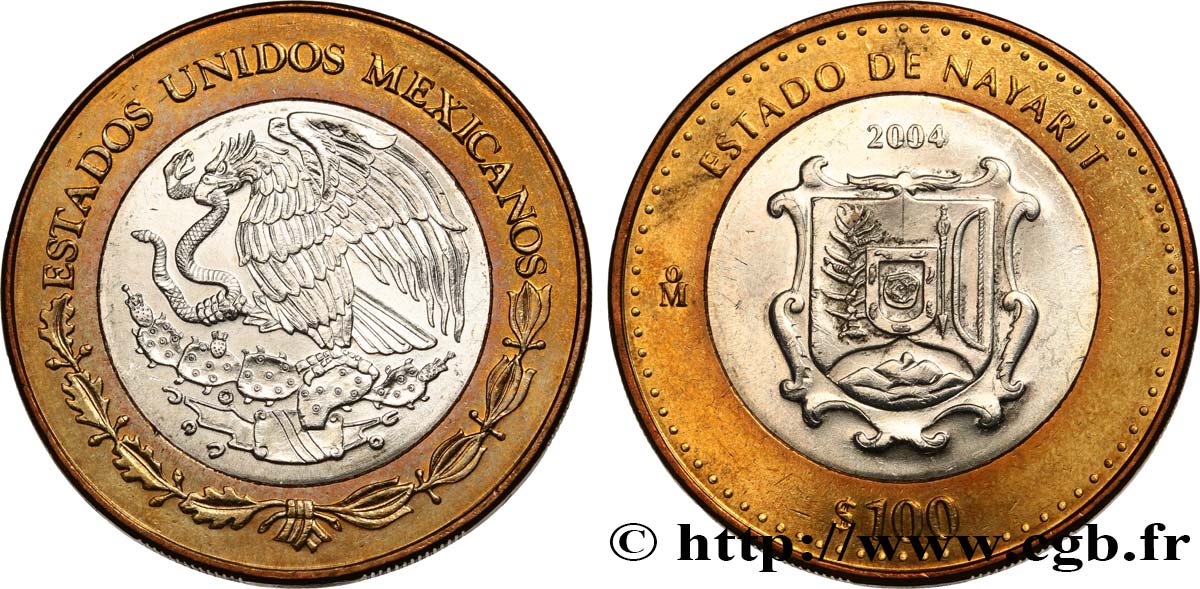 MÉXICO 100 Pesos 180e anniversaire de la Fédération : État de Nayarit 2004 Mexico SC 
