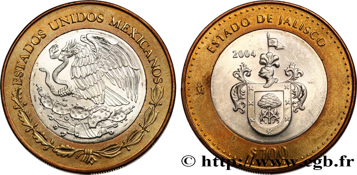 MEXICO 100 Pesos 180e anniversaire de la Fédération : État de Jalisco 2004 Mexico MS 