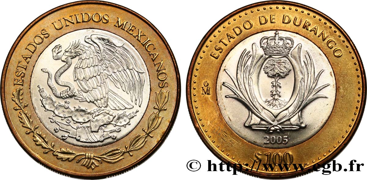 MEXIKO 100 Pesos 180e anniversaire de la Fédération : État de Durango 2005 Mexico fST 
