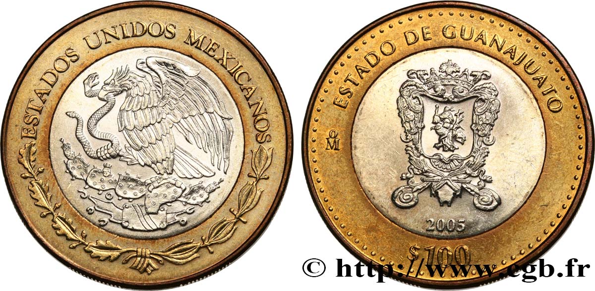 MEXIKO 100 Pesos 180e anniversaire de la Fédération : État de Guanajuato 2005 Mexico fST 
