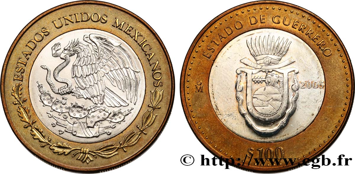 MEXIKO 100 Pesos 180e anniversaire de la Fédération : État de Guerrero 2005 Mexico fST 