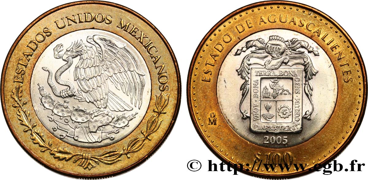 MÉXICO 100 Pesos 180e anniversaire de la Fédération : État d’Aguascalientes 2005 Mexico SC 
