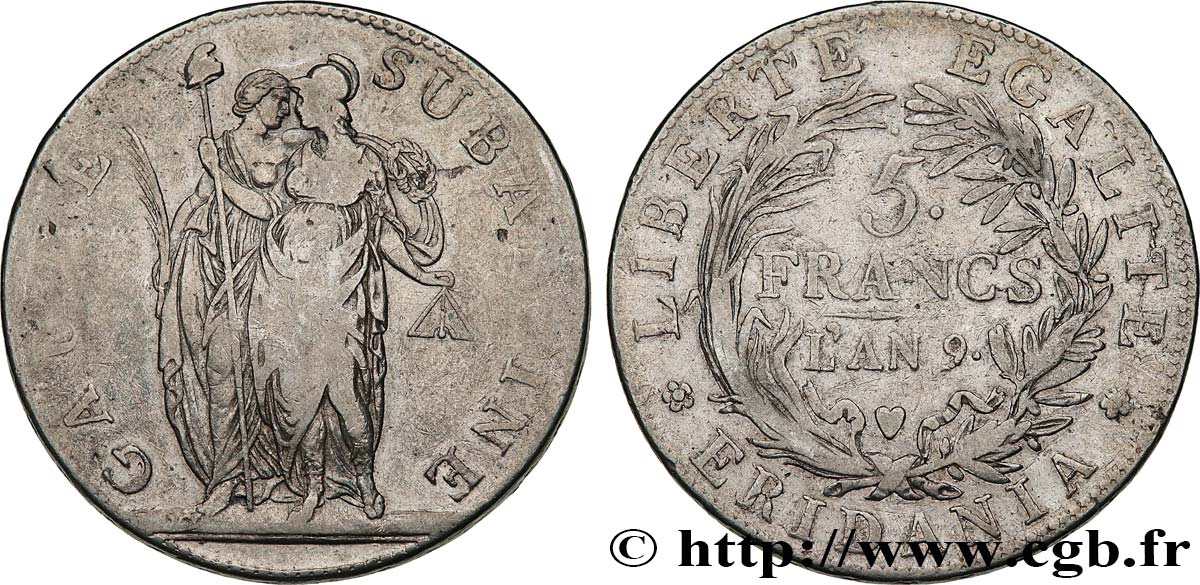 ITALIA - GALLIA SUBALPINA 5 Francs an 9 1801 Turin BC 