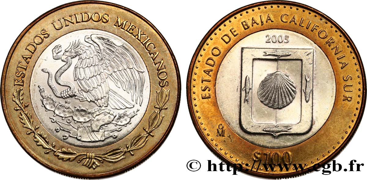MEXIQUE 100 Pesos 180e anniversaire de la Fédération : État de Basse Californie du sud 2005 Mexico SPL 