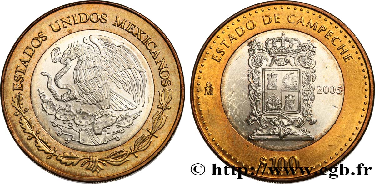 MEXIQUE 100 Pesos 180e anniversaire de la Fédération : État de Campeche 2005 Mexico SPL 