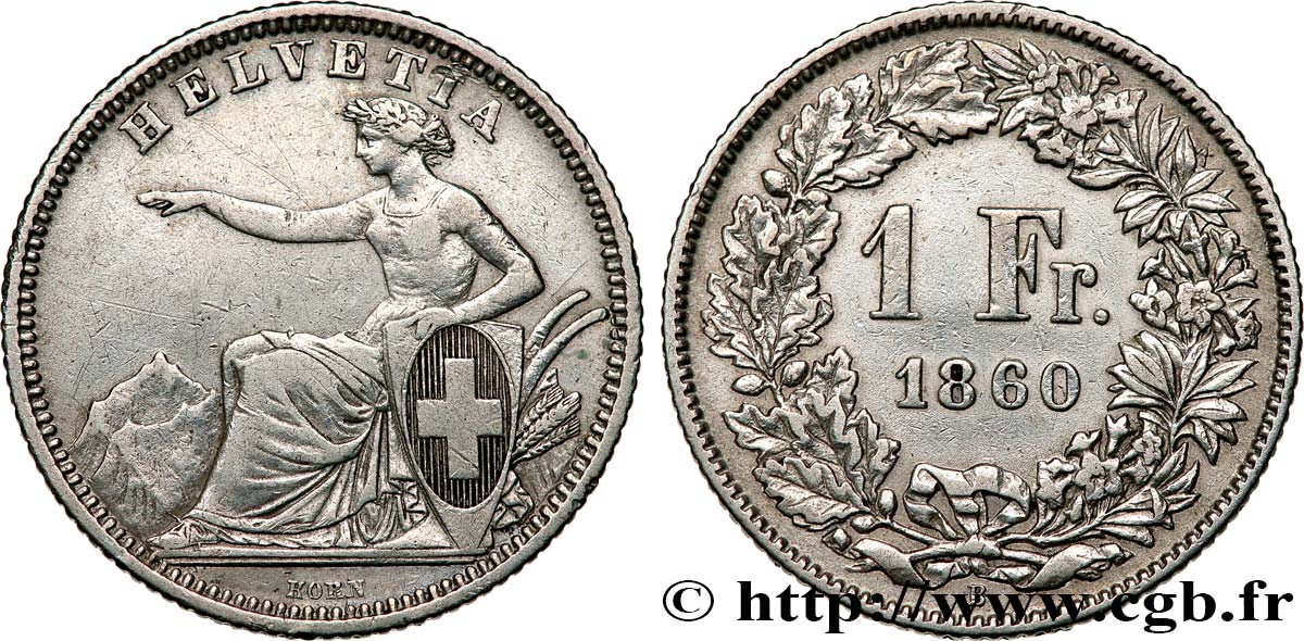 SWITZERLAND 1 Franc Helvetia 1860 Berne XF 
