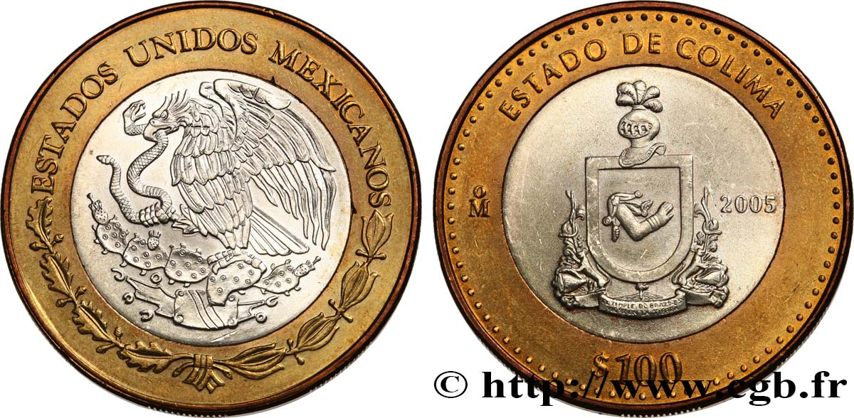 MEXICO 100 Pesos 180e anniversaire de la Fédération : État de Colima 2005 Mexico MS 