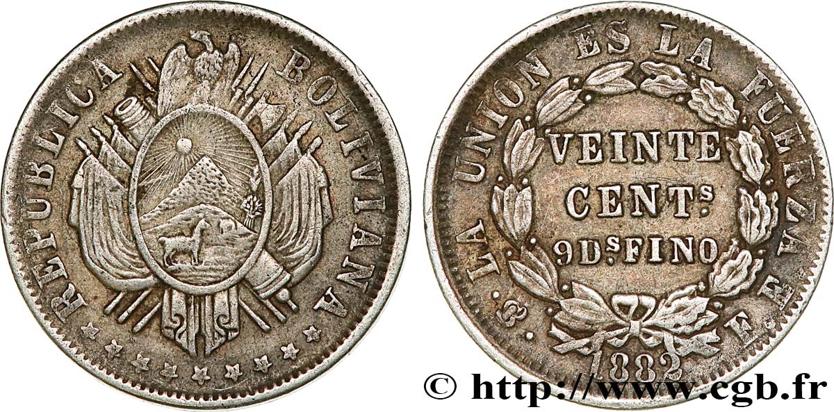 BOLIVIA 20 Centavos 1882 Potosi XF 