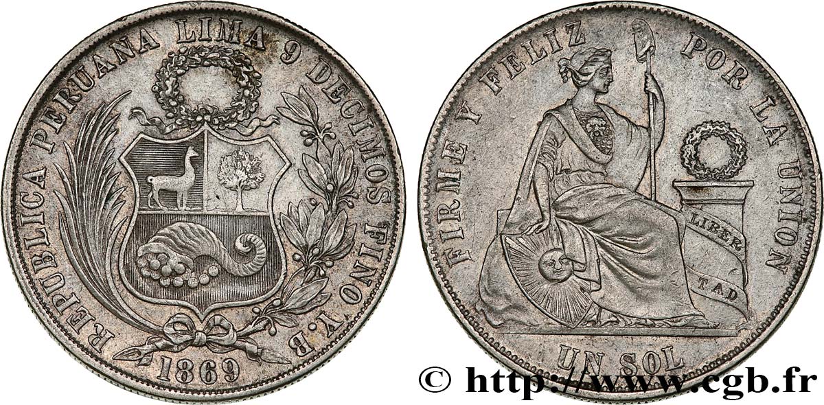 PERU 1 Sol “Liberté” assise 1869  q.SPL 