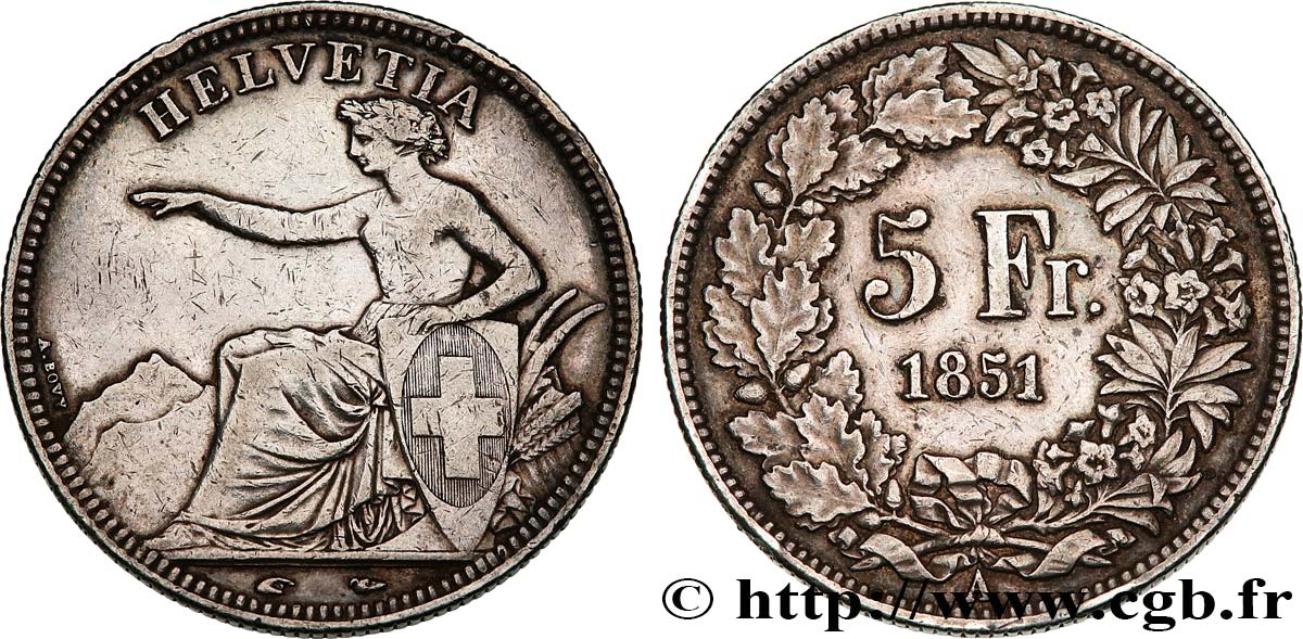 SWITZERLAND 5 Francs Helvetia assise 1851 Paris XF 