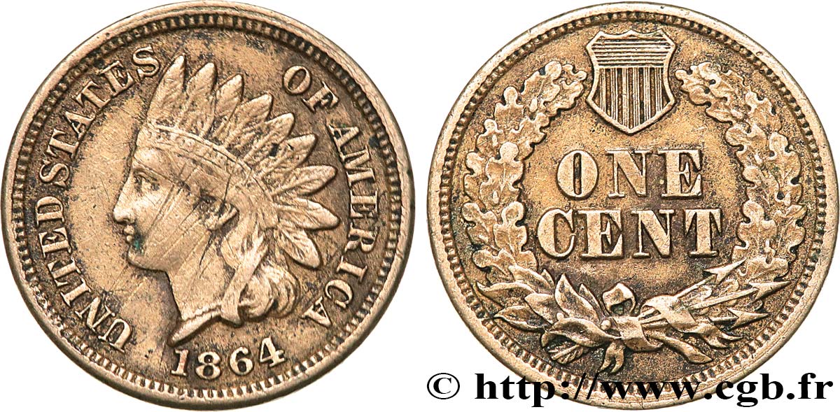 UNITED STATES OF AMERICA 1 Cent tête d’indien, 2e type 1864  XF 